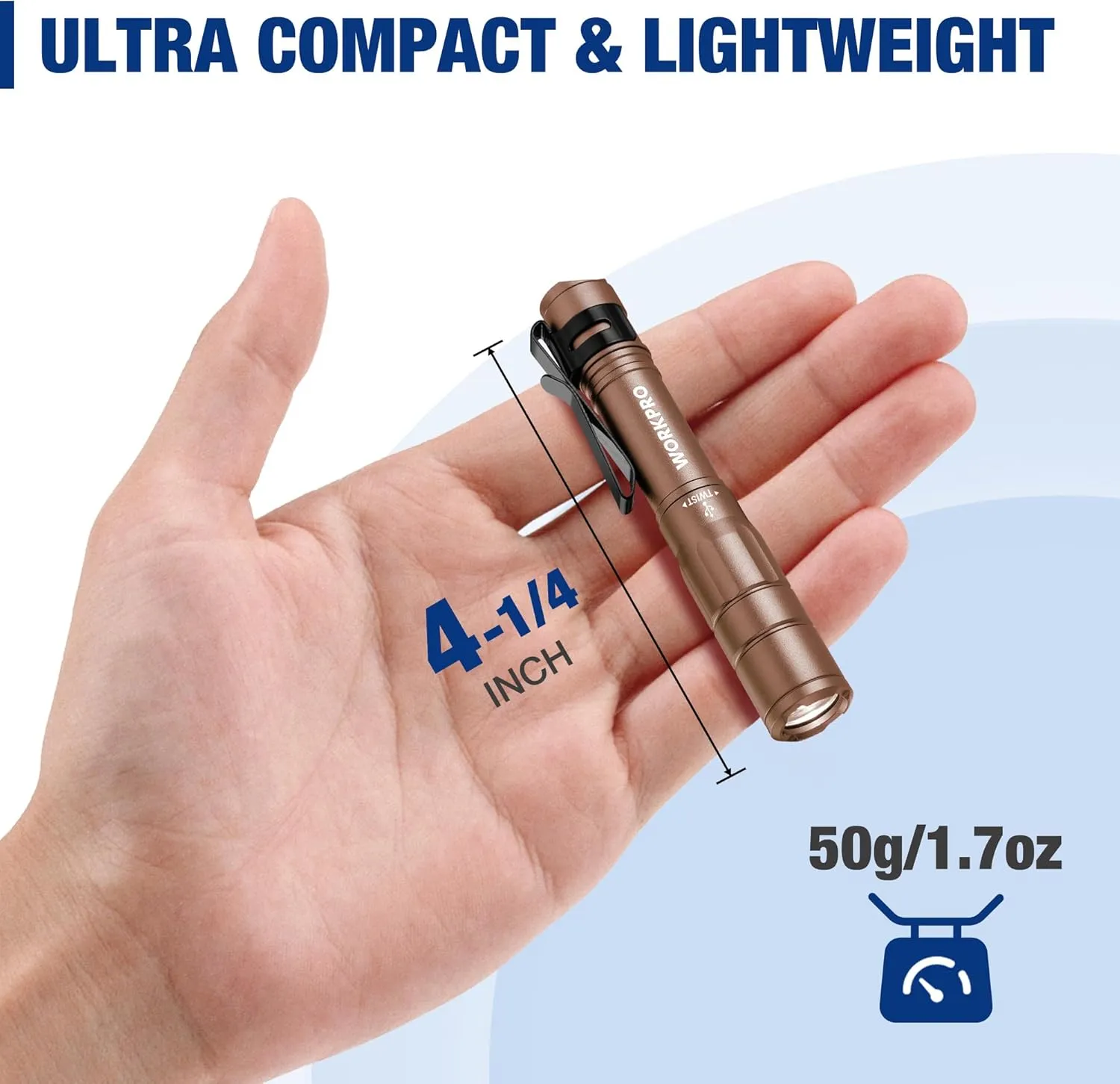 WORKPRO Rechargeable Pen Light, Mini Flashlight, 2 Pack Ultra-Compact EDC Flashlight, Pocket Flashlight with Clip, Memory Function and 2 x USB C Cable Included, Brown
