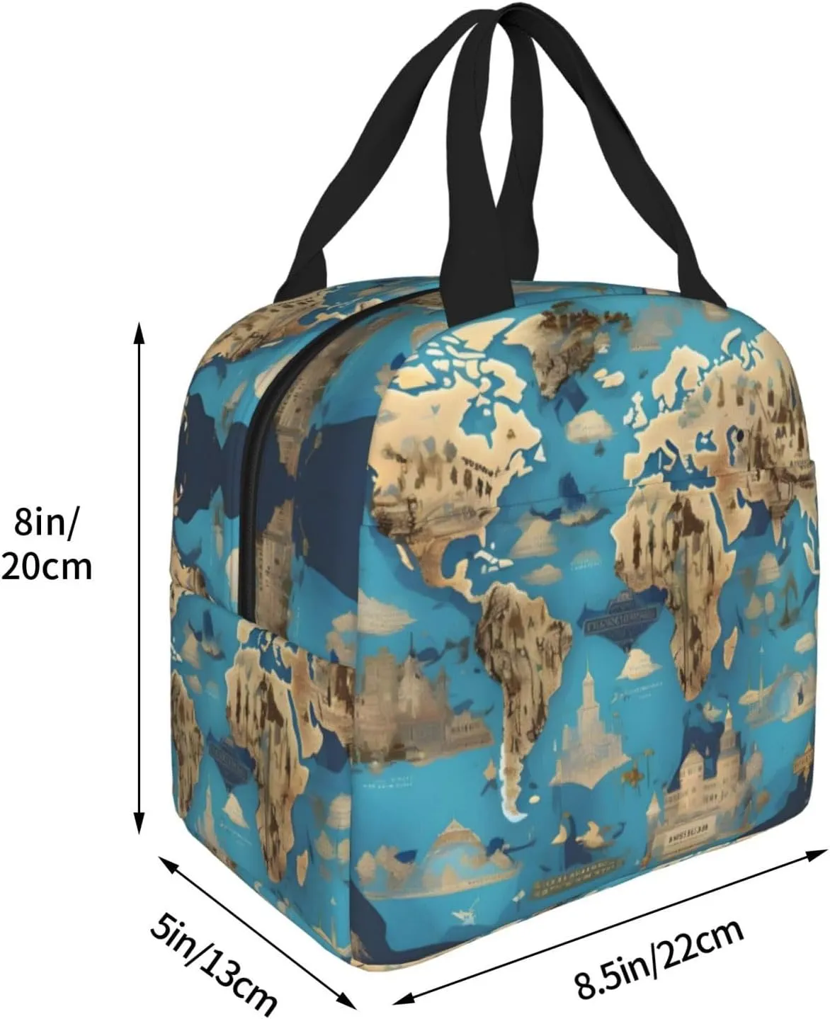 World Geography Map Print Lunch Bags Insulated,Reusable Insulated Lunchbox Work Travel Hiking Picnic Beach