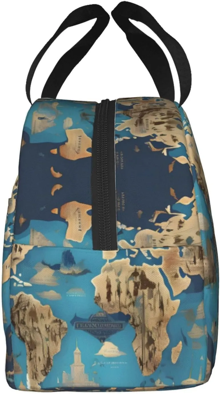 World Geography Map Print Lunch Bags Insulated,Reusable Insulated Lunchbox Work Travel Hiking Picnic Beach