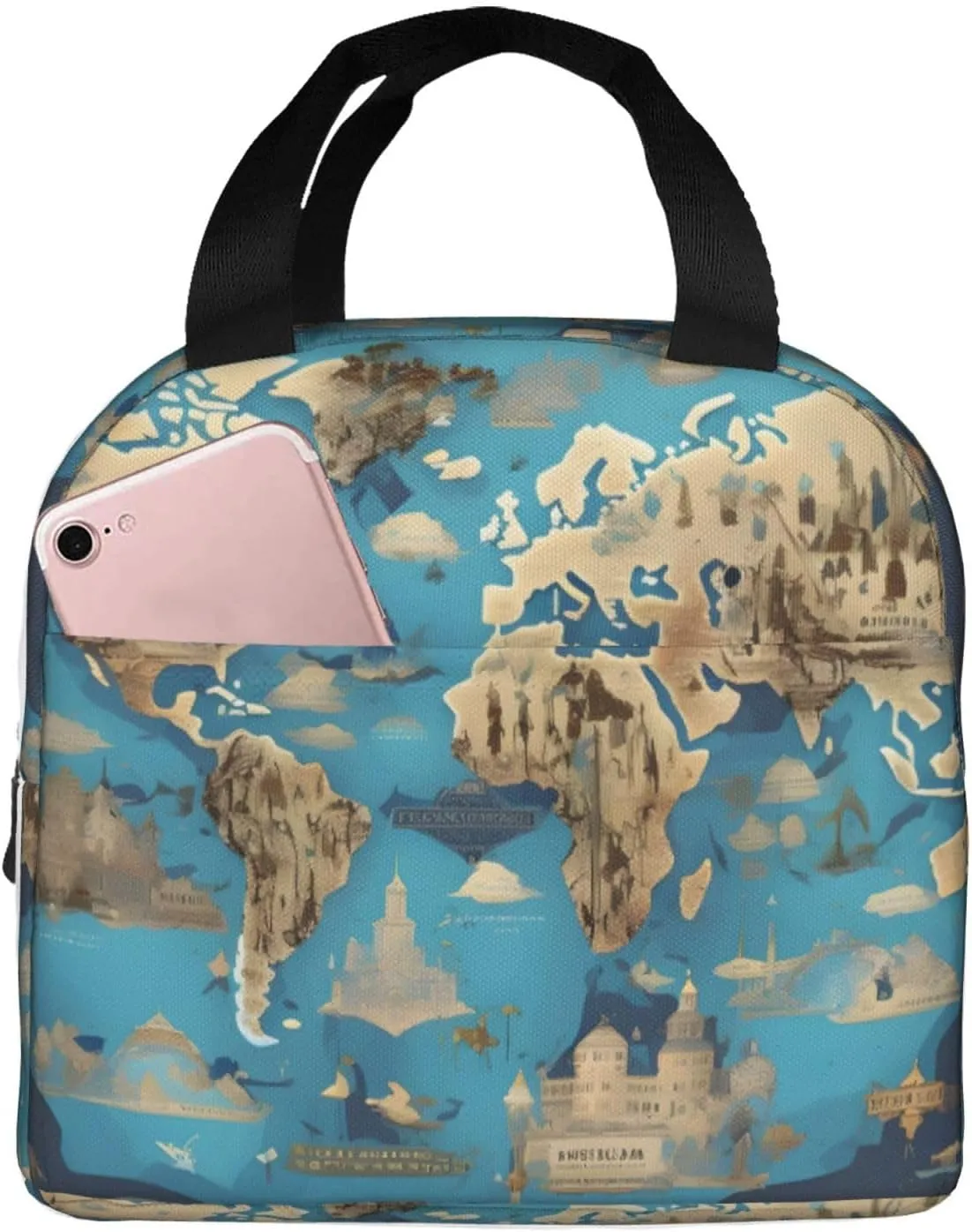 World Geography Map Print Lunch Bags Insulated,Reusable Insulated Lunchbox Work Travel Hiking Picnic Beach