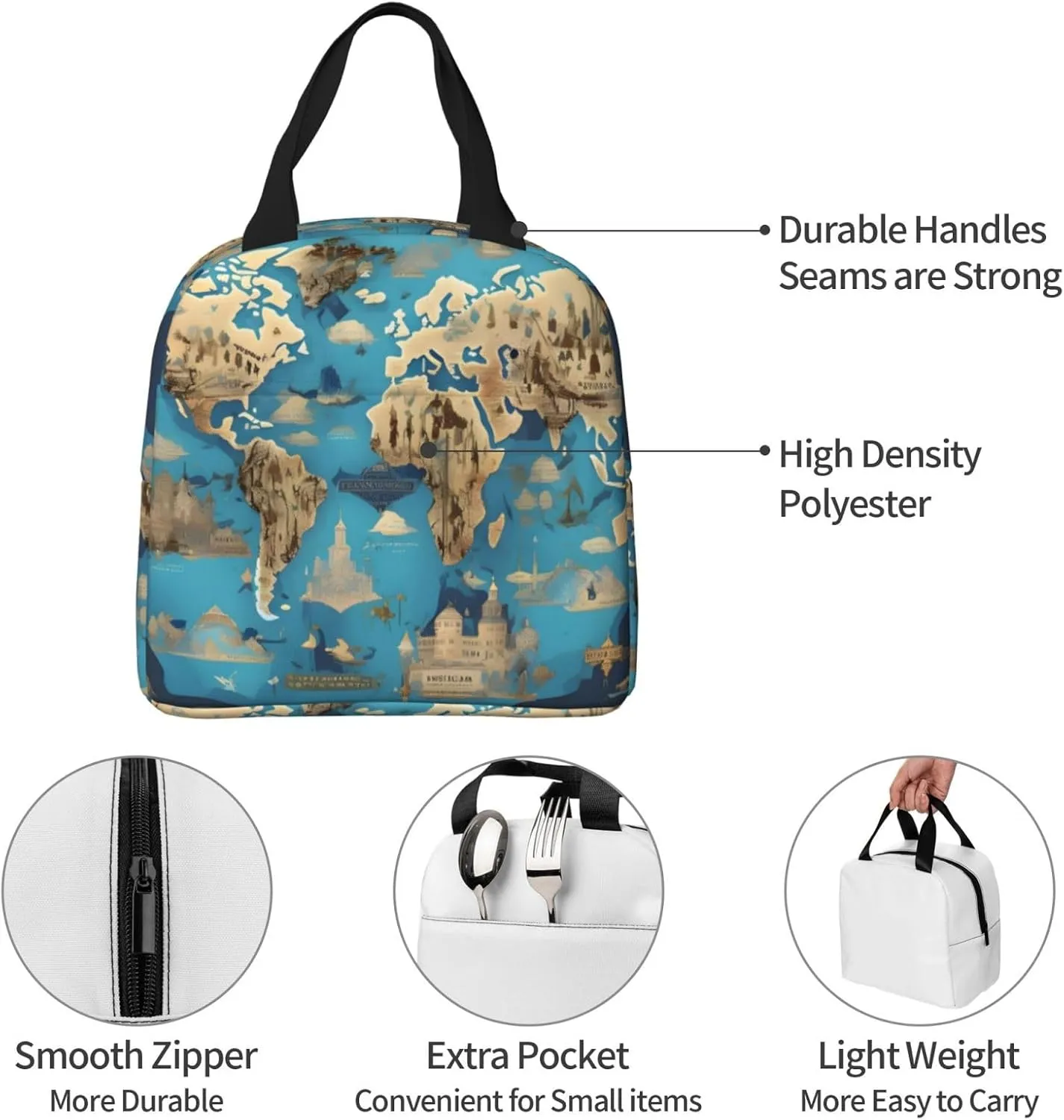 World Geography Map Print Lunch Bags Insulated,Reusable Insulated Lunchbox Work Travel Hiking Picnic Beach