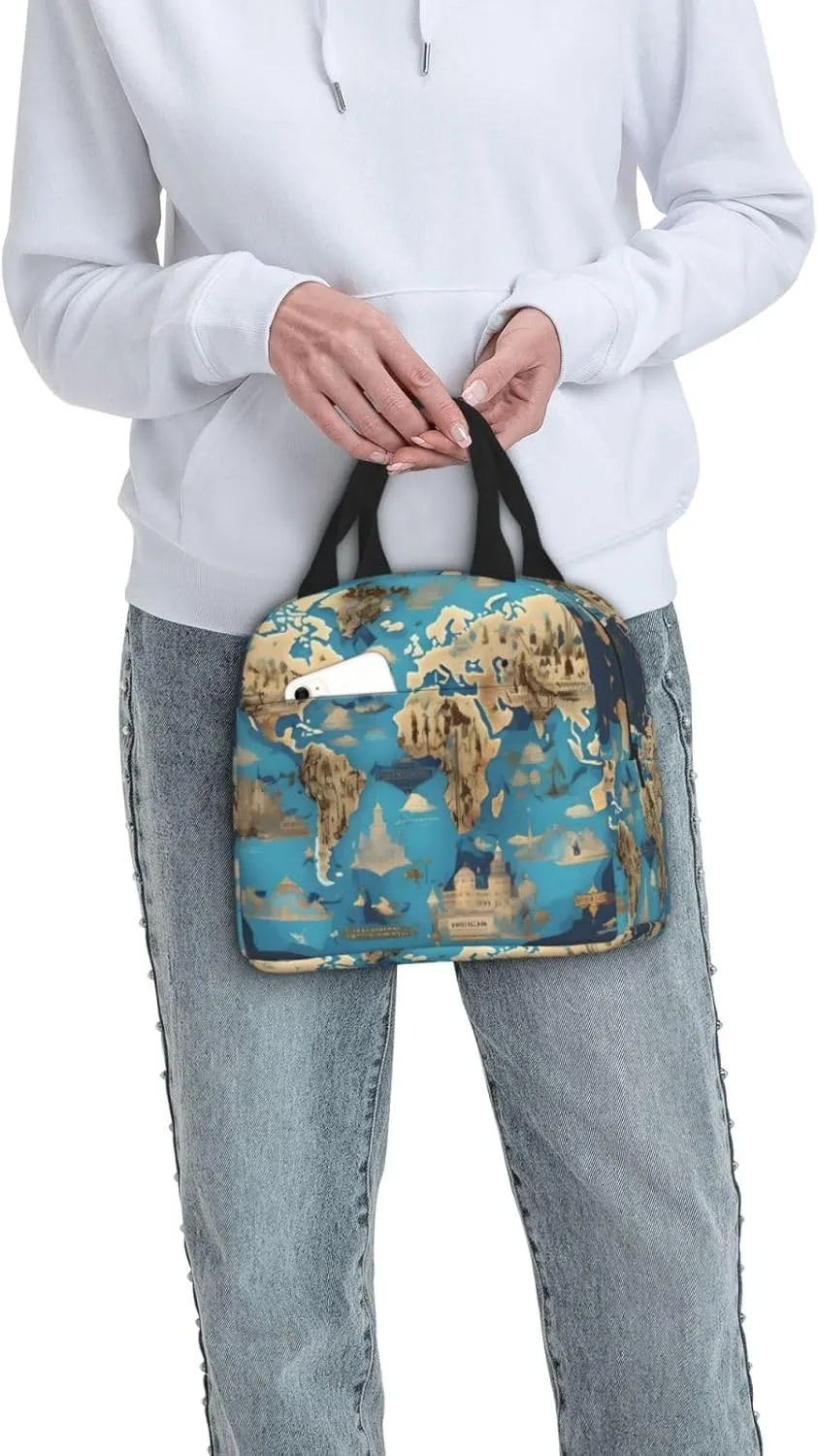 World Geography Map Print Lunch Bags Insulated,Reusable Insulated Lunchbox Work Travel Hiking Picnic Beach