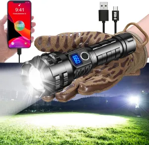 Worlds Brightest Flashlight 200000 lumens OLED Charging Display Best Rechargeable LED Spotlight USB-C Power Bank Holster