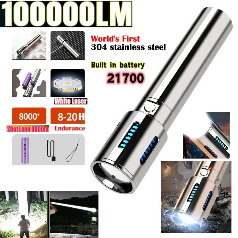 World's First High-grade Stainless Steel 100000Lumens White Laser Tactical Flashlight With 21700 Tesla Li-ion Battery 8-20 Hours High Endurance 9000M Long shot Waterproof