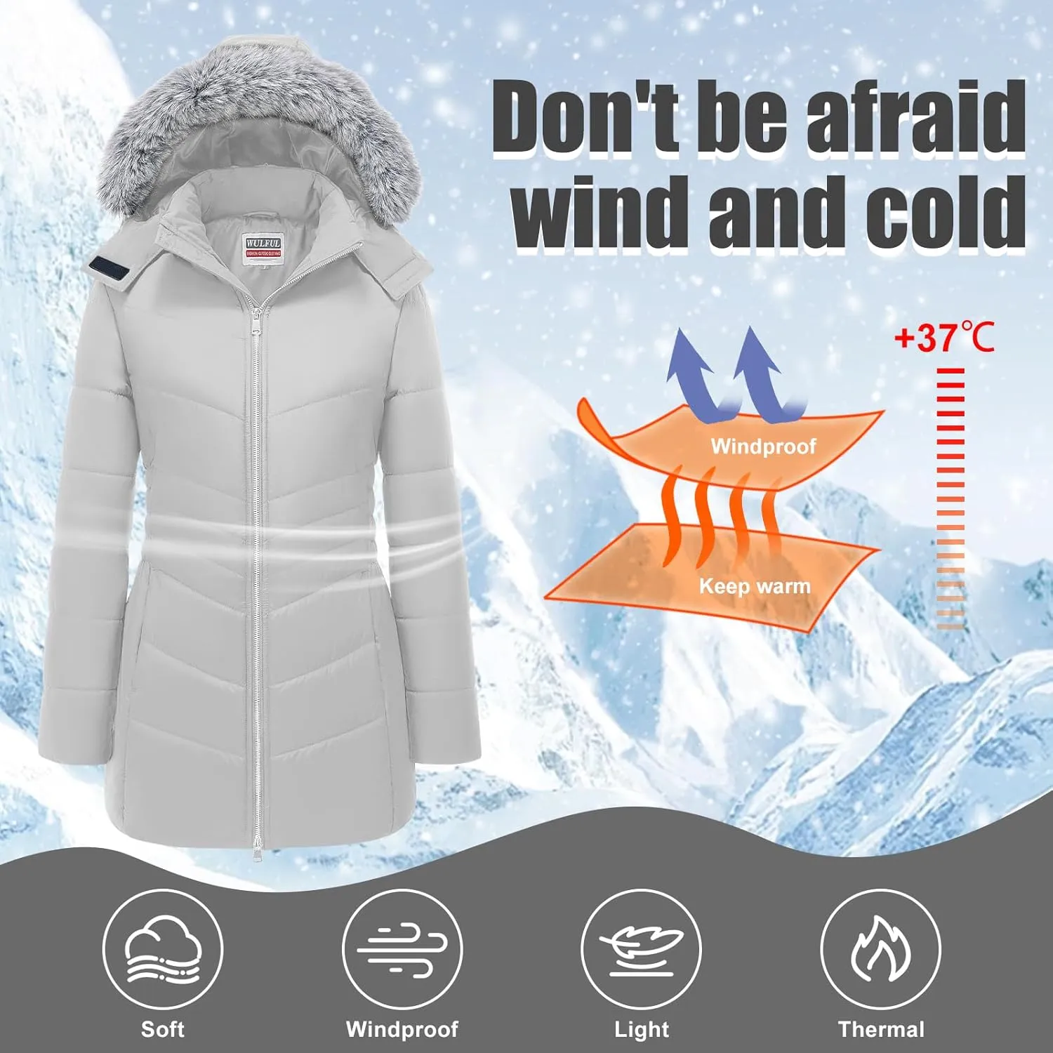 WULFUL Women's Winter Coats Long Warm Thicken Puffer Jackets Outwear With Removable Fur Hood