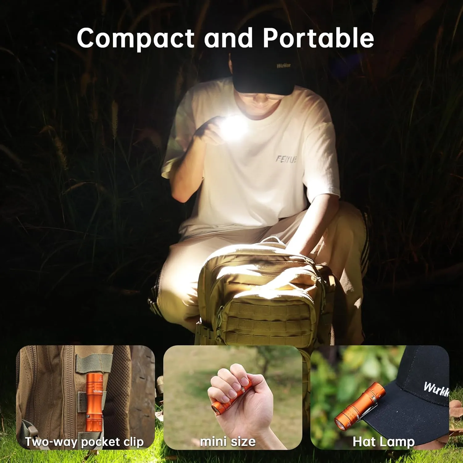 Wurkkos TS10 Minil EDC Flashlight Rechargeable, 3Pcs Main 90CRI LEDs Amazing 1-1400Lumen Brightness and 3Pcs Color Aux Emittter (Orange - 4000K)