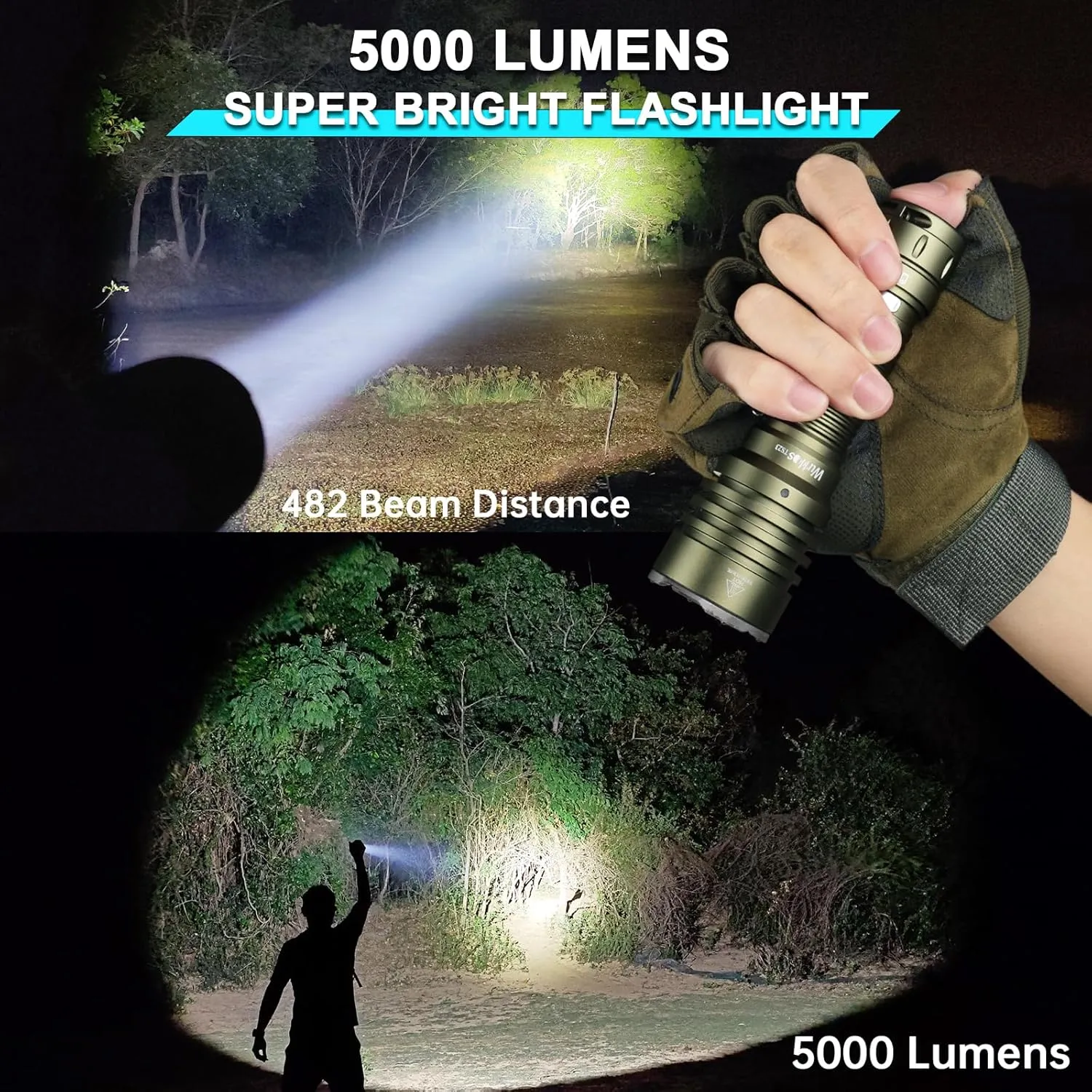 Wurkkos TS23 Tactical Flashlight,5000 High Lumens Rechargeable Flashlight,70.3 HI LED 482M Attack Head LED Flashlights,IP68 Waterproof Flashlights for Emergency,Repair,Camping,Hiking(Olive Green)