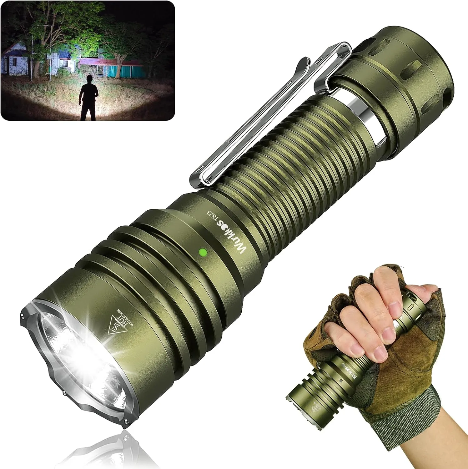 Wurkkos TS23 Tactical Flashlight,5000 High Lumens Rechargeable Flashlight,70.3 HI LED 482M Attack Head LED Flashlights,IP68 Waterproof Flashlights for Emergency,Repair,Camping,Hiking(Olive Green)