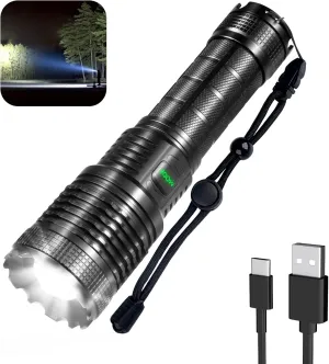 XHP70 Rechargeable LED Flashlights, 15000 High Lumens Flashlight, Super Bright Zoomable IPX4 Waterproof Flashlight with 5 Modes, Powerful Handheld Flashlight for Emergencies, Camping, Hiking