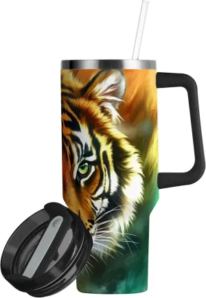 xigua 30 oz Tiger Face Tumbler with Handle and Straw Lid, Stainless Steel Vacuum Insulated Sports Water Bottle, Keeps Cold or Hot Coffee Cup Travel Mug
