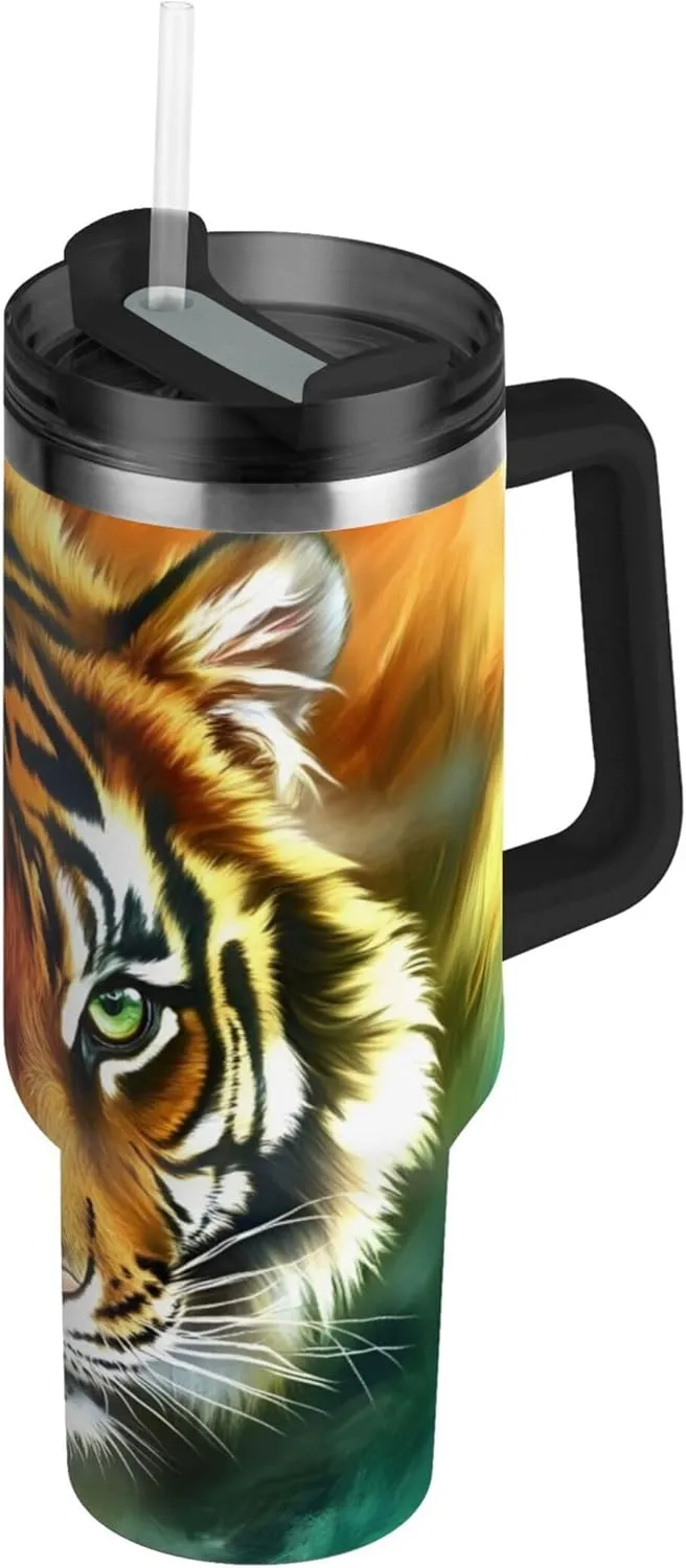 xigua 30 oz Tiger Face Tumbler with Handle and Straw Lid, Stainless Steel Vacuum Insulated Sports Water Bottle, Keeps Cold or Hot Coffee Cup Travel Mug