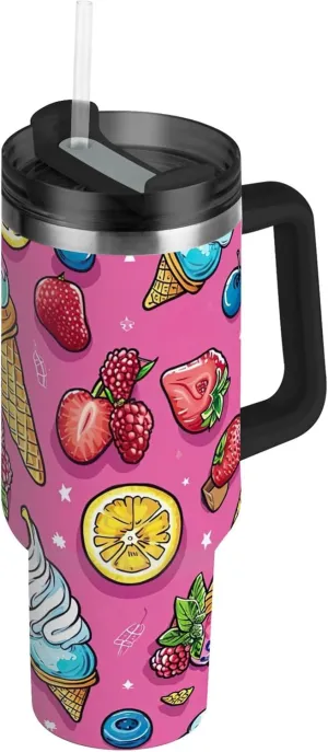 xigua 40 oz Cartoon Ice Cream Tumbler with Handle and Straw Lid, Stainless Steel Vacuum Insulated Sports Water Bottle, Keeps Cold or Hot Coffee Cup Travel Mug