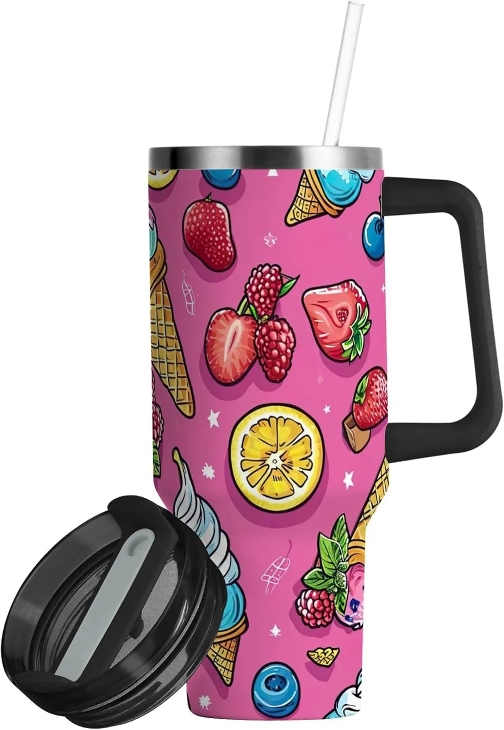 xigua 40 oz Cartoon Ice Cream Tumbler with Handle and Straw Lid, Stainless Steel Vacuum Insulated Sports Water Bottle, Keeps Cold or Hot Coffee Cup Travel Mug