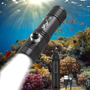 XLENTGEN Scuba Diving Flashlight, 1800 Lumen Waterproof Underwater LED Submarine 3 Lighting Dive Lights for Under 120 Meters Sea Cave at Night(with Rechargeable Battery/Charger)