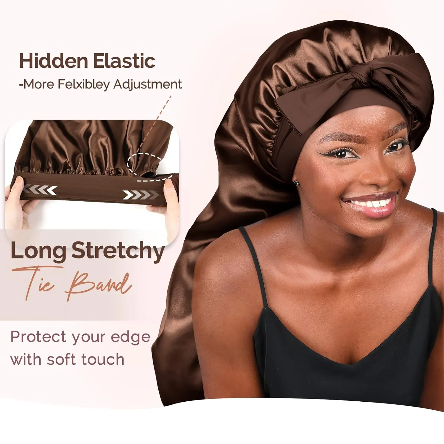 YANIBEST 2Pcs Silk Bonnet for Sleeping Braid Bonnet for Long Hair with Tie Band Bonnet for Braids for Black Women Curly Hair Locs,Black&Brown