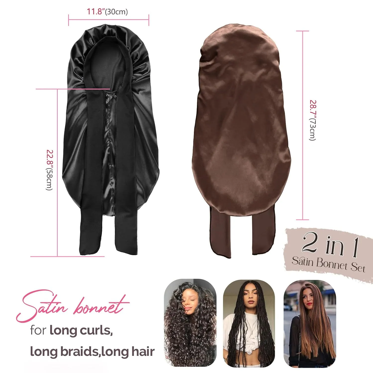 YANIBEST 2Pcs Silk Bonnet for Sleeping Braid Bonnet for Long Hair with Tie Band Bonnet for Braids for Black Women Curly Hair Locs,Black&Brown