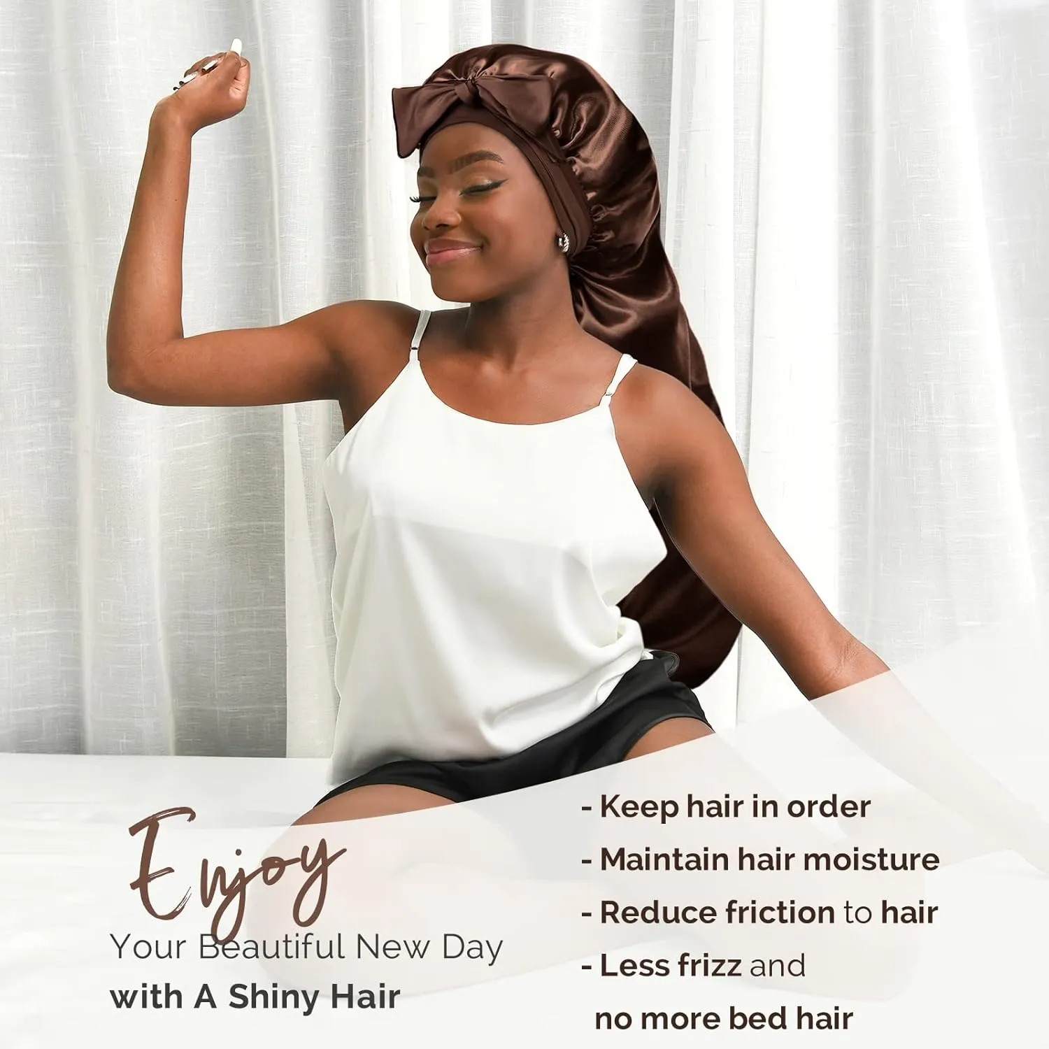 YANIBEST 2Pcs Silk Bonnet for Sleeping Braid Bonnet for Long Hair with Tie Band Bonnet for Braids for Black Women Curly Hair Locs,Black&Brown