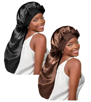 YANIBEST 2Pcs Silk Bonnet for Sleeping Braid Bonnet for Long Hair with Tie Band Bonnet for Braids for Black Women Curly Hair Locs,Black&Brown