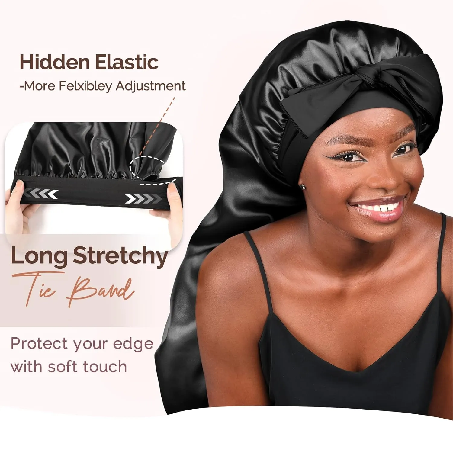 YANIBEST Silk Bonnet for Sleeping Women Braid Bonnet for Long Hair with Tie Band Satin Bonnet for Braids Hair Sleeping Cap Gifts for Women Black