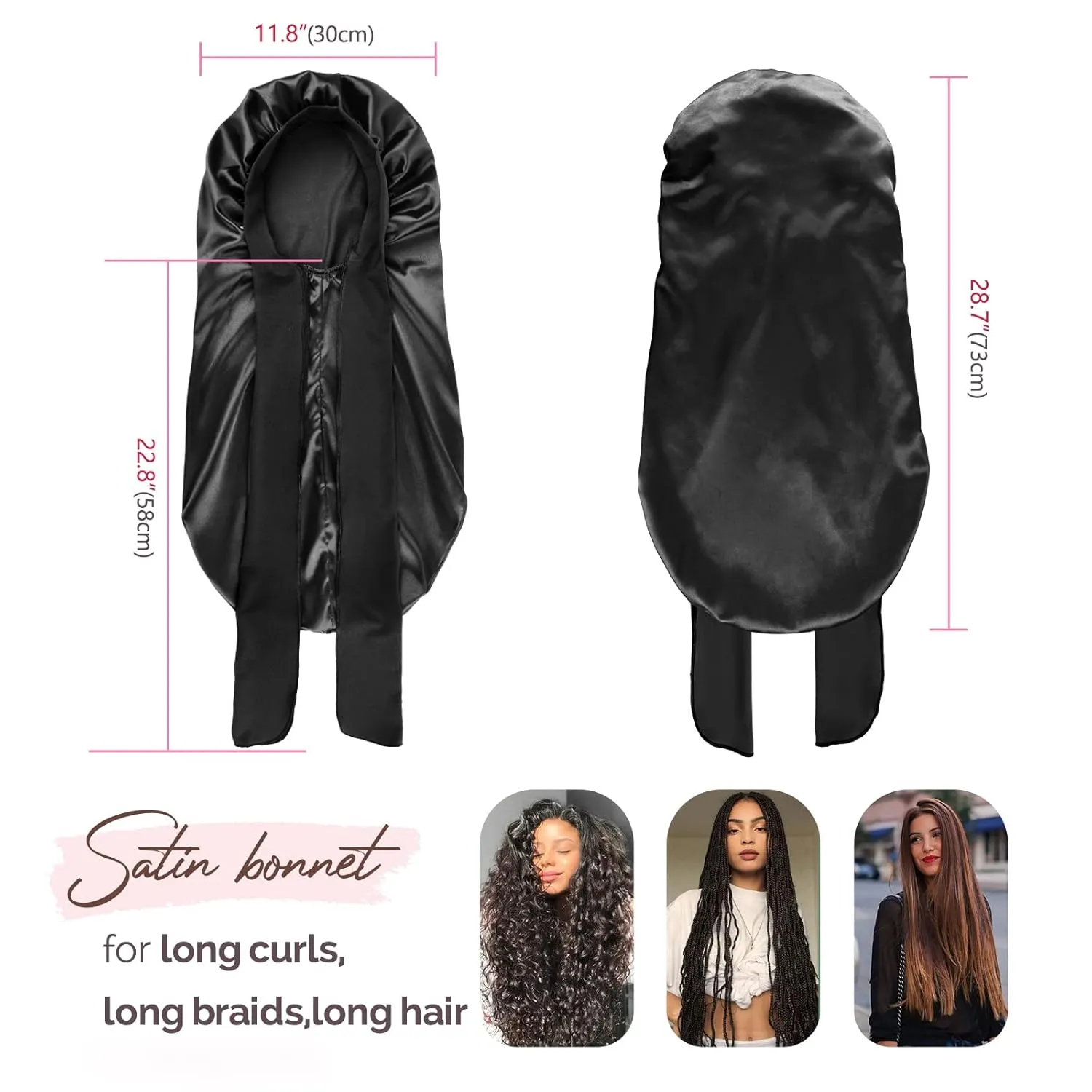 YANIBEST Silk Bonnet for Sleeping Women Braid Bonnet for Long Hair with Tie Band Satin Bonnet for Braids Hair Sleeping Cap Gifts for Women Black