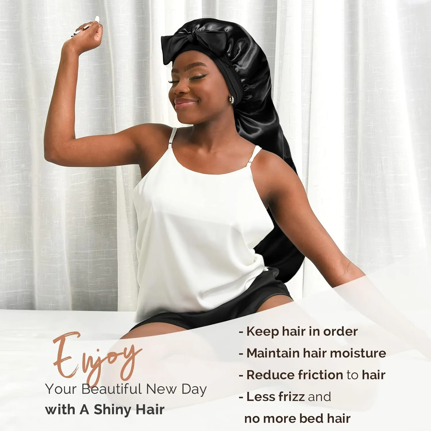 YANIBEST Silk Bonnet for Sleeping Women Braid Bonnet for Long Hair with Tie Band Satin Bonnet for Braids Hair Sleeping Cap Gifts for Women Black