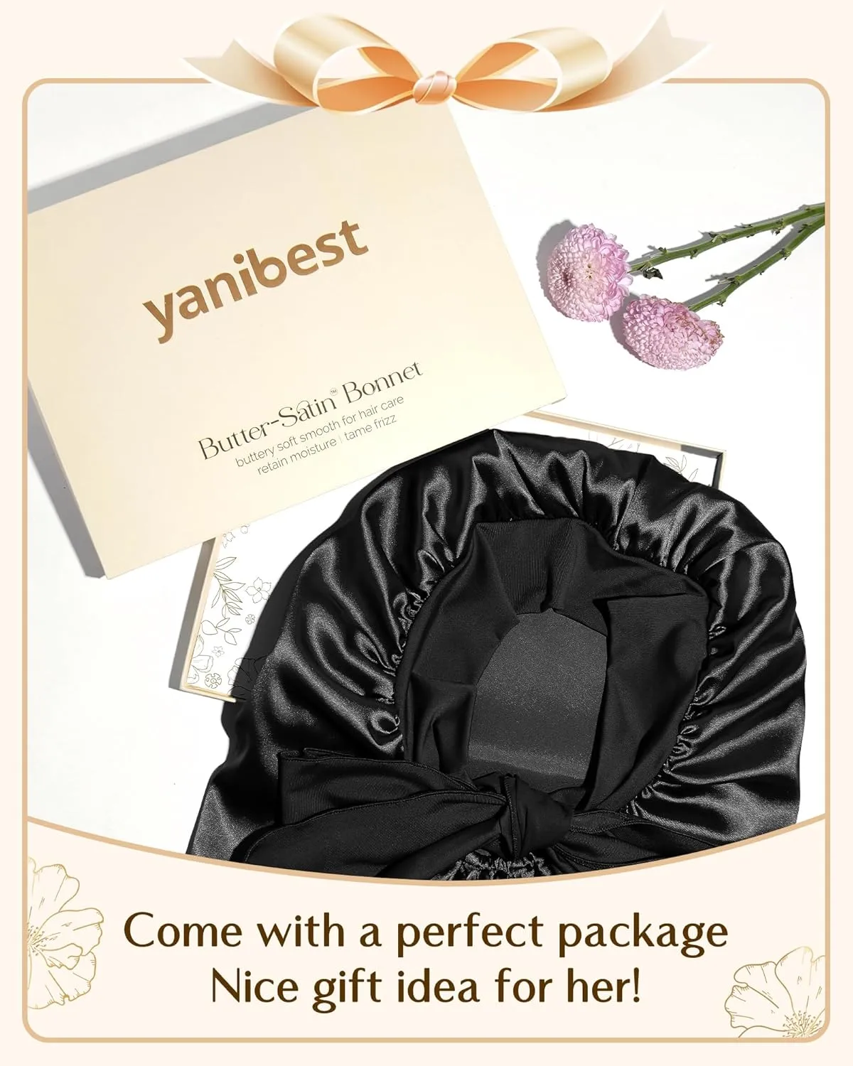 YANIBEST Silk Bonnet for Sleeping Women Braid Bonnet for Long Hair with Tie Band Satin Bonnet for Braids Hair Sleeping Cap Gifts for Women Black
