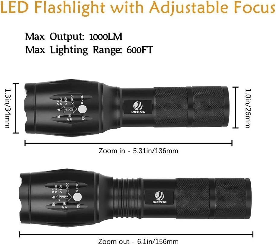 yIFeNG Tactical Flashlight Led Flashlight High Lumens S1000 - T6 Upgraded Flash Light Ultra Bright with Zoomable 5 Modes, Camping Accessories for Outdoor Emergency Gear (2 Pack)