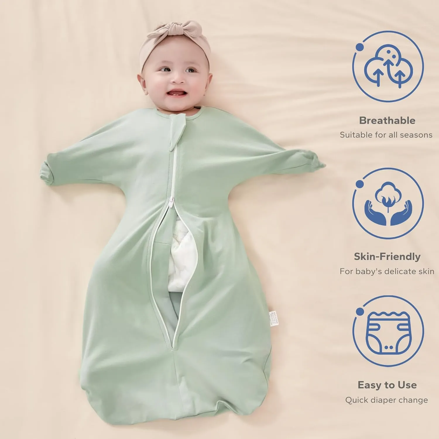 ZIGJOY Shark-Fin Transition Swaddle - 1.0 Tog Baby Sleep Sack 0-3 Months Soft Cotton Transitional Baby Wearable Blanket with 2-Way Zipper for All Seasons, Mint Green, Small
