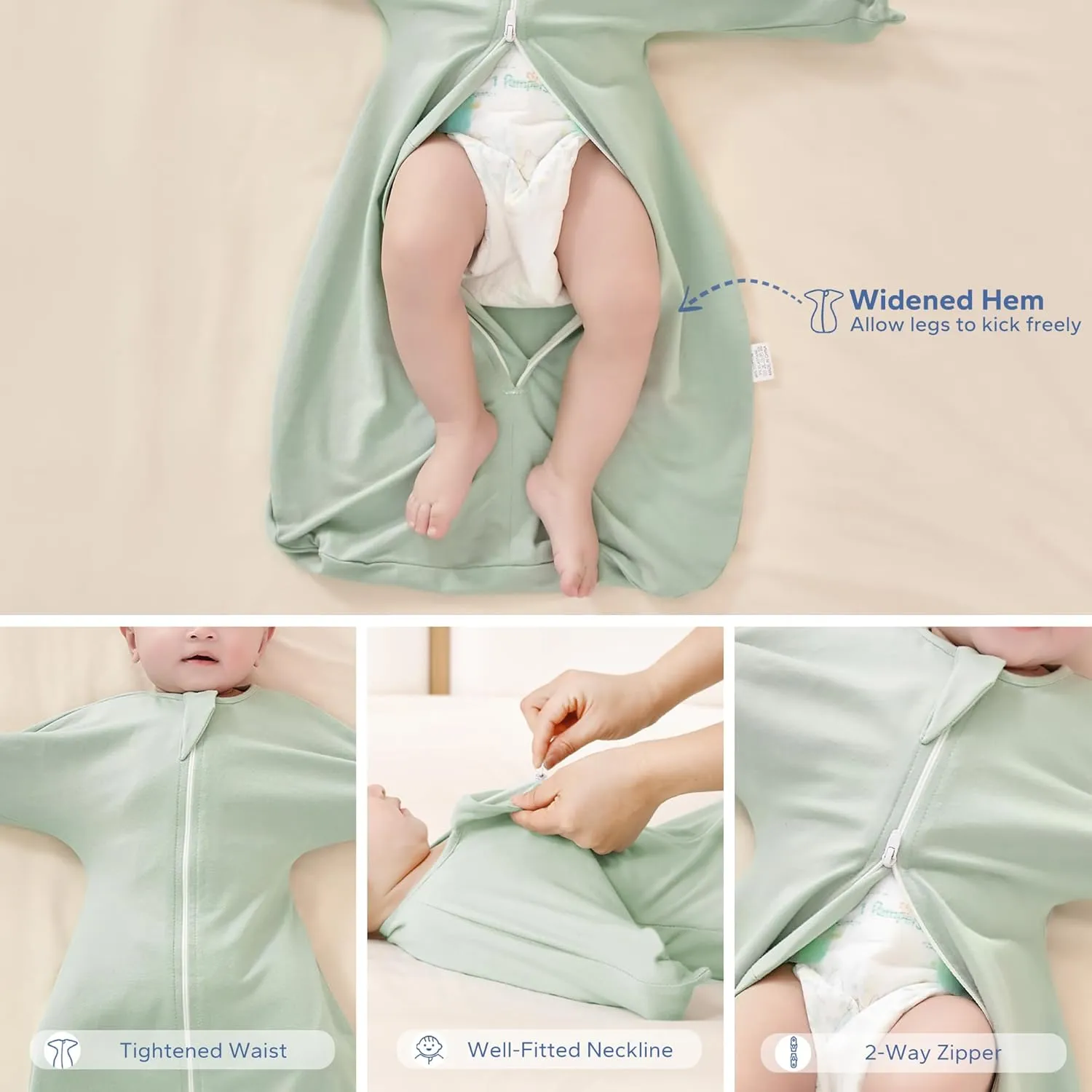 ZIGJOY Shark-Fin Transition Swaddle - 1.0 Tog Baby Sleep Sack 0-3 Months Soft Cotton Transitional Baby Wearable Blanket with 2-Way Zipper for All Seasons, Mint Green, Small