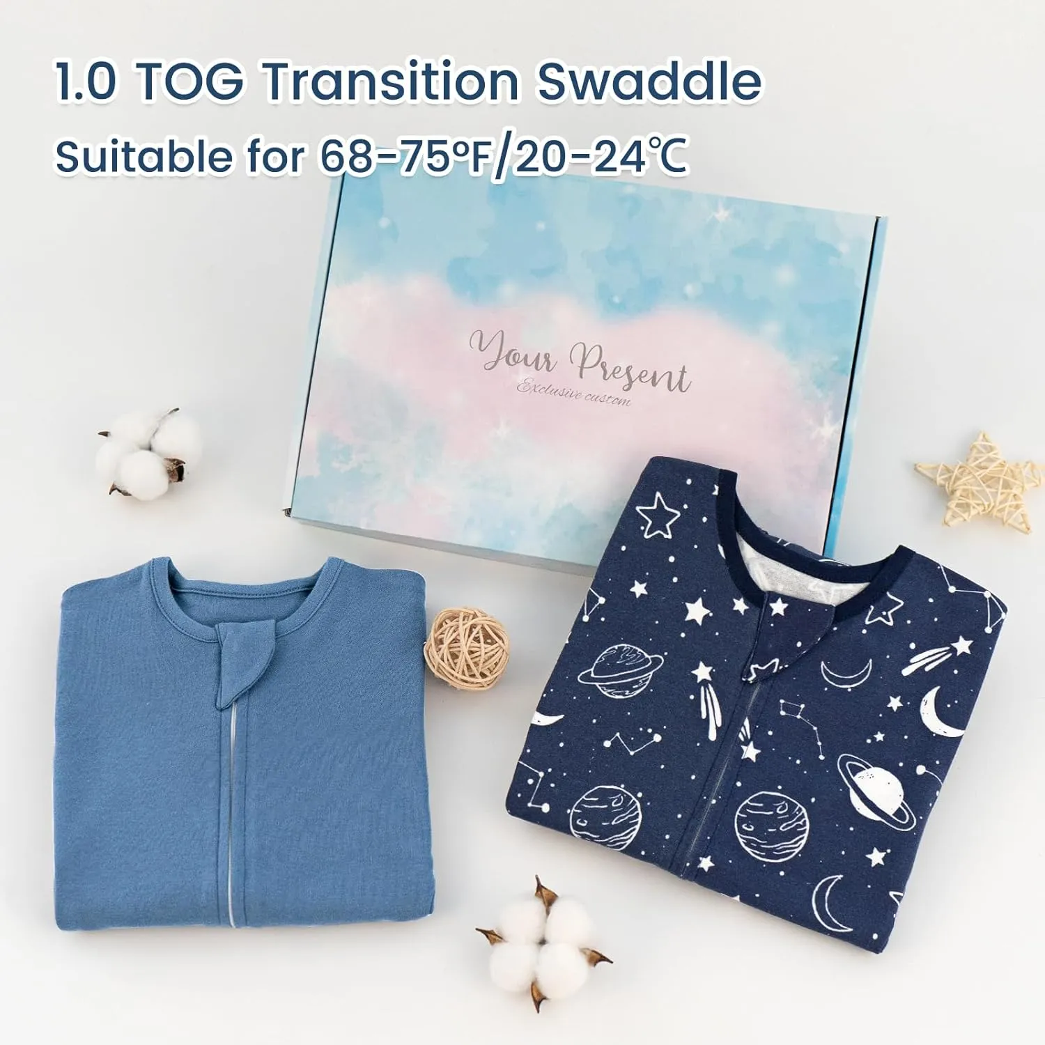 ZIGJOY Shark-Fin Transition Swaddle - 1.0 Tog Baby Sleep Sack Soft Cotton Transitional Swaddle Baby Wearable Blanket with 2-Way Zipper for All Seasons, Space&Blue, 6-12 Months
