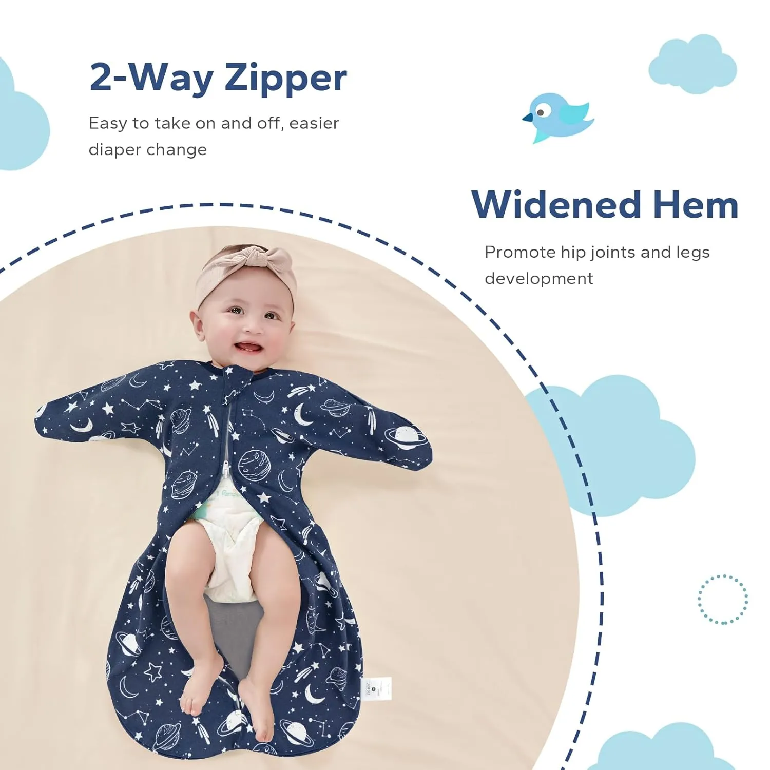 ZIGJOY Shark-Fin Transition Swaddle - 1.0 Tog Baby Sleep Sack Soft Cotton Transitional Swaddle Baby Wearable Blanket with 2-Way Zipper for All Seasons, Space&Blue, 6-12 Months