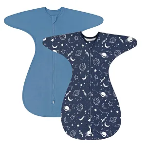 ZIGJOY Shark-Fin Transition Swaddle - 1.0 Tog Baby Sleep Sack Soft Cotton Transitional Swaddle Baby Wearable Blanket with 2-Way Zipper for All Seasons, Space&Blue, 6-12 Months