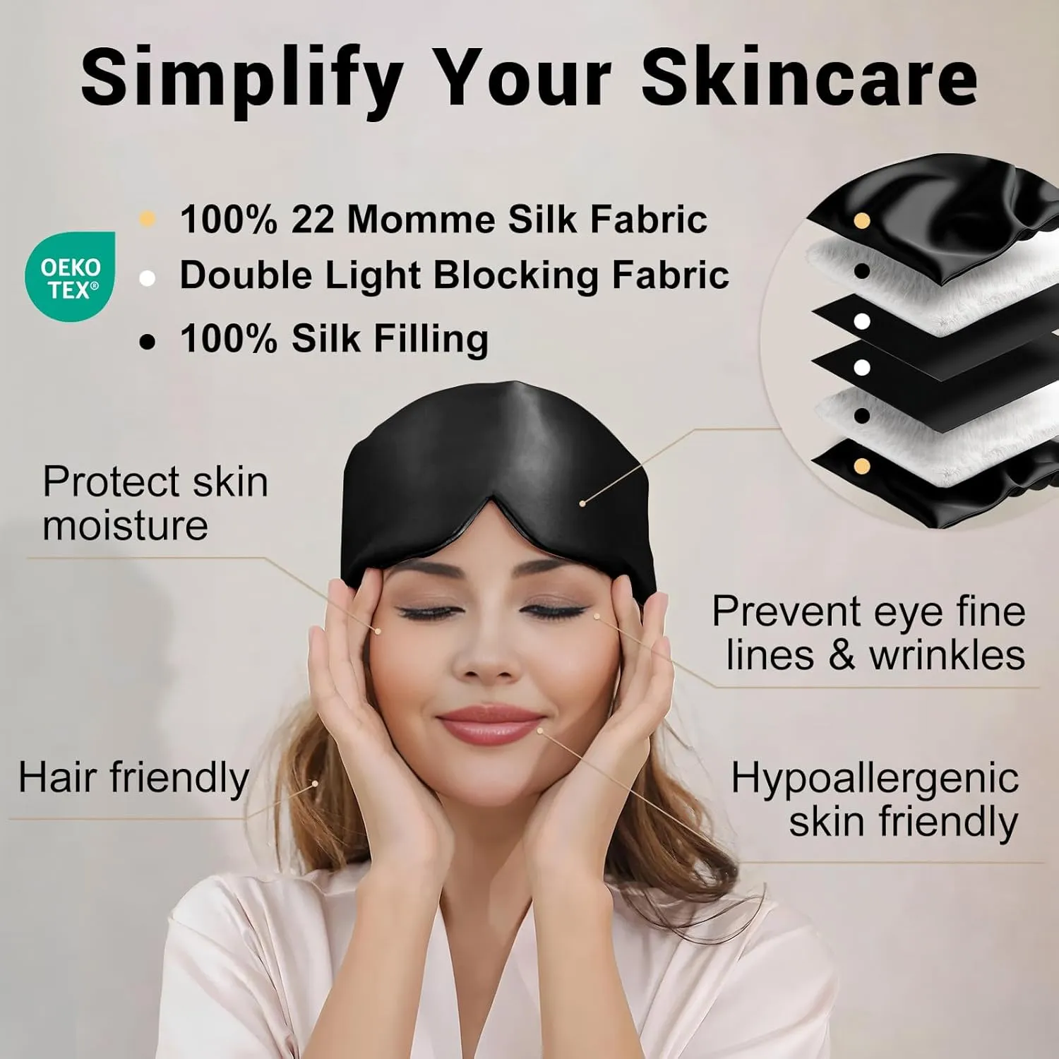 ZIMASILK 100% 22 Momme Mulberry Silk Sleep Mask - Full Silk Filled, Ultra-Soft & Breathable, Face-Hugging Total Blackout Eye Cover for Sleeping (Black)