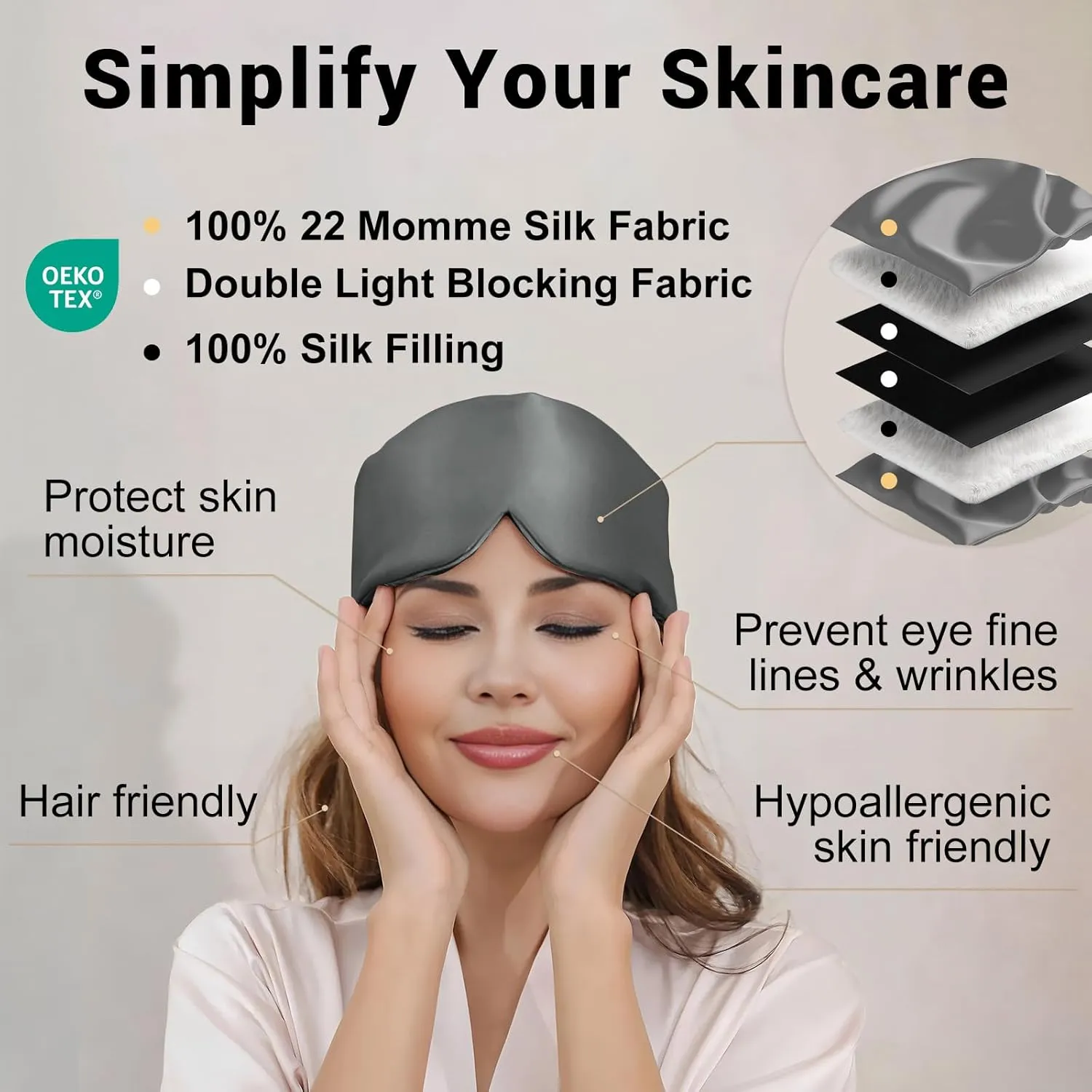 ZIMASILK 100% 22 Momme Mulberry Silk Sleep Mask - Full Silk Filled, Ultra-Soft & Breathable, Face-Hugging Total Blackout Eye Cover for Sleeping (Blackish Grey)