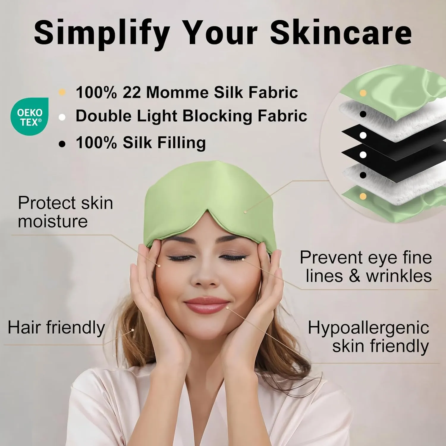 ZIMASILK 100% 22 Momme Mulberry Silk Sleep Mask - Full Silk Filled, Ultra-Soft & Breathable, Face-Hugging Total Blackout Eye Cover for Sleeping (Sage Green)