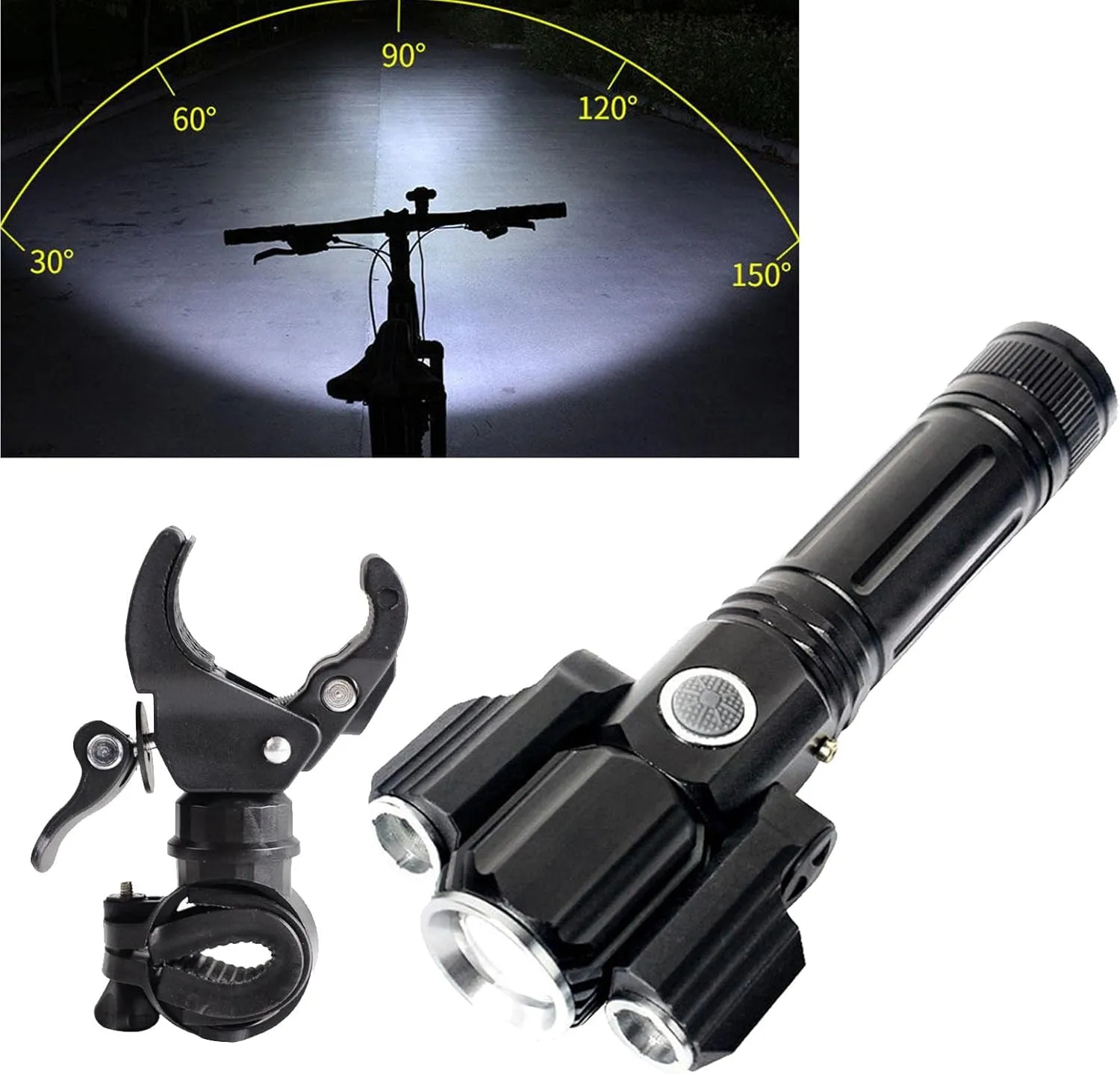 Zoomable LED Flashs, Rechargeable Camping Torch, Powerful Spot, 350m Beam Distance, Outdoor Hiking, Bike Clip Included - E37 Cable Clip